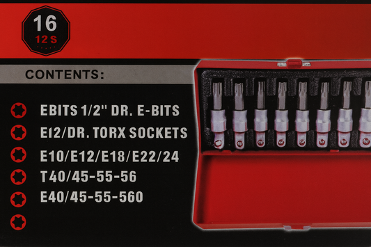 Set Torx i E-nasadnih ključeva 1/2" – 16 delova u crvenom koferu
