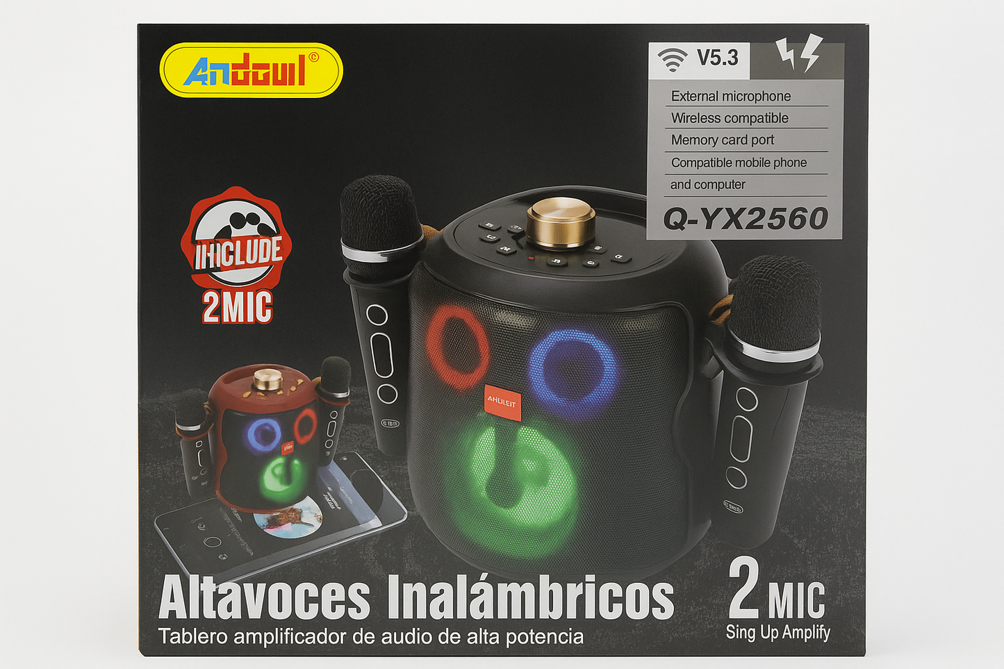 Andowl Q-YX2560 Bluetooth Zvučnik sa 2 Bežična Mikrofona i RGB Osvetljenjem – Karaoke Party Speaker V5.3